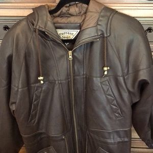 Brown polyvinyl hooded jacket. Looks and feels like real leather. Zip front